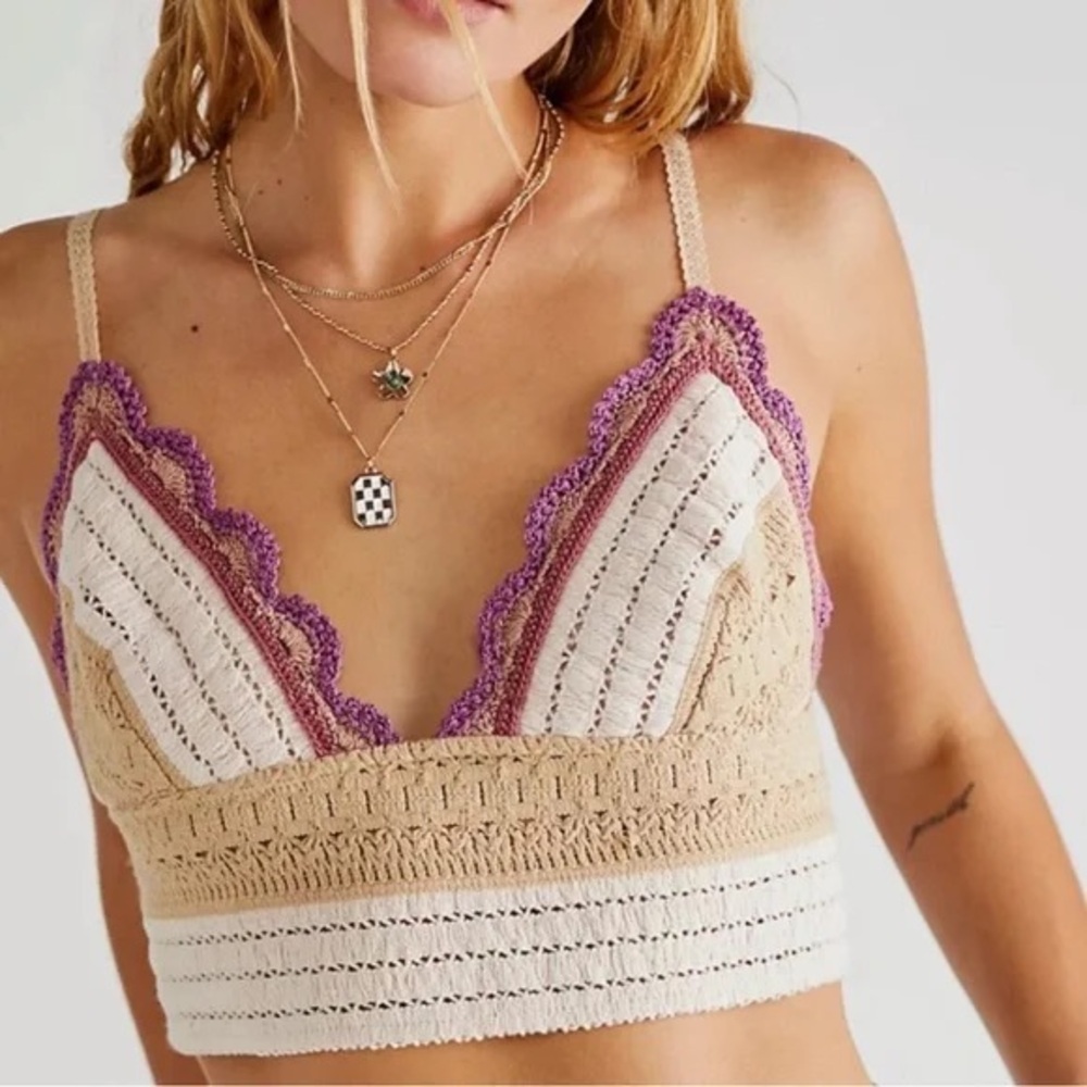 Free People Purple and Cream Crochet Crop Top